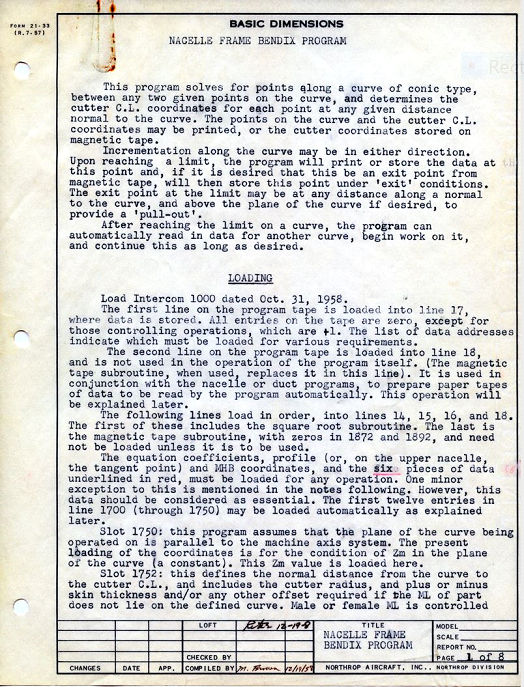 Nacelle Frame Bendix Program, page 1